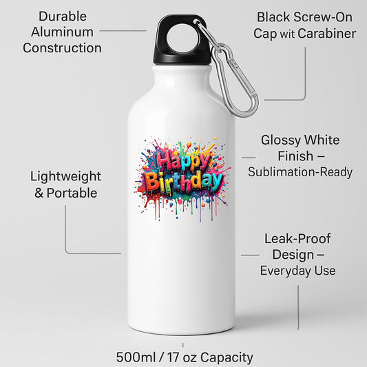 Silver Happy Birthday bottle with labels for the screw cap, carabiner and 500ml size