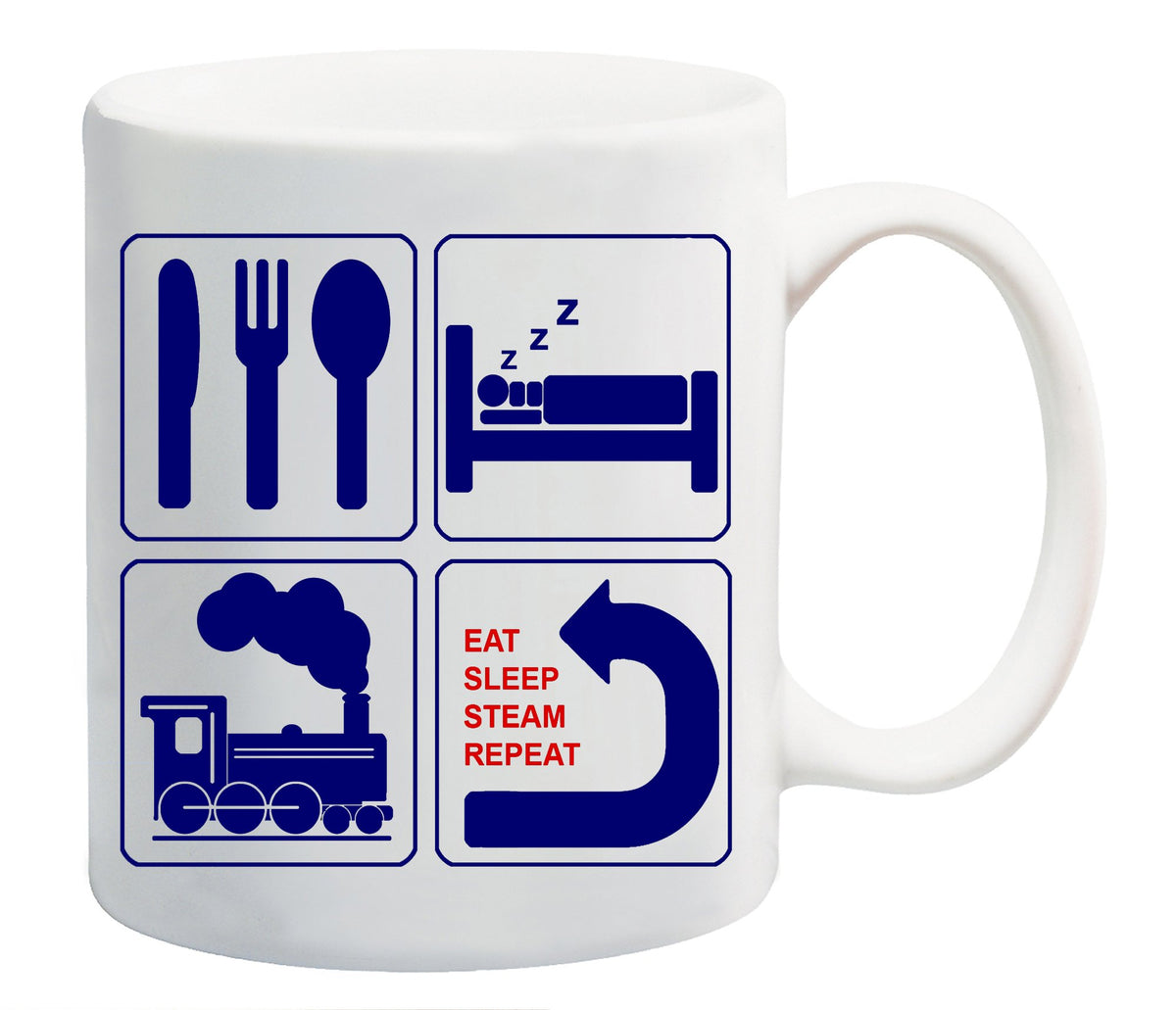 White mug with navy icons of cutlery, a bed, a steam train and a repeat arrow