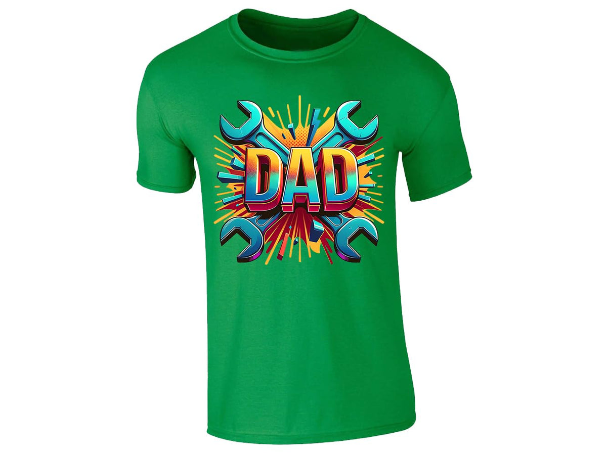 Irish green men's T-shirt with bold “DAD” lettering with crossed spanners and a colourful burst