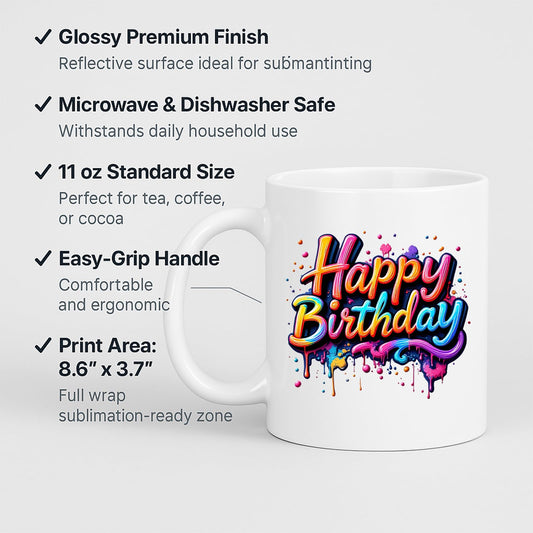Happy Birthday mug with labels for 11oz size and easy-grip handle