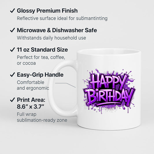 Happy Birthday mug with labels for 11oz size and easy-grip handle
