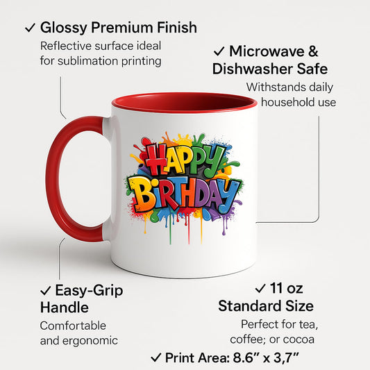 Colour handle mug with labels for 11oz size and easy-grip handle