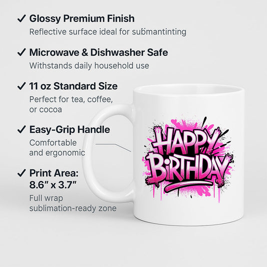 Happy Birthday mug with labels for 11oz size and easy-grip handle