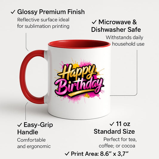 Colour handle mug with labels for 11oz size and easy-grip handle
