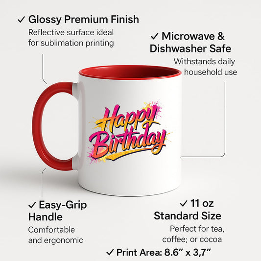 Colour handle mug with labels for 11oz size and easy-grip handle