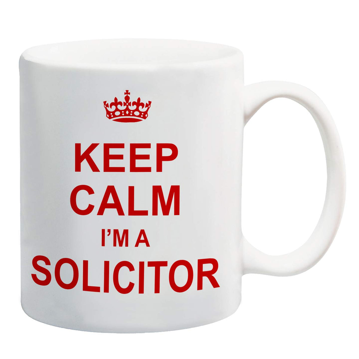 White mug with a red crown and “Keep Calm I'm a Solicitor” in red capitals