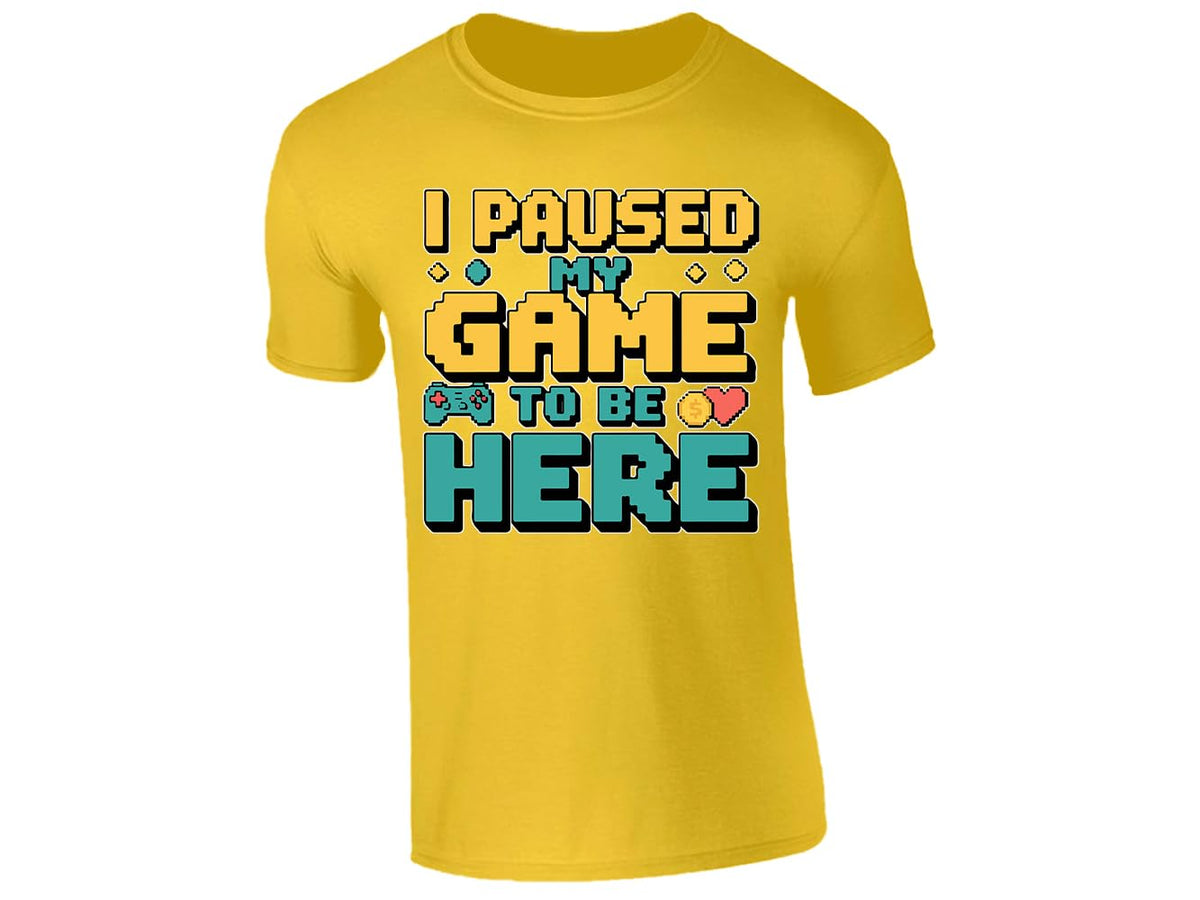 Yellow kids' T-shirt with “I paused my game to be here” design