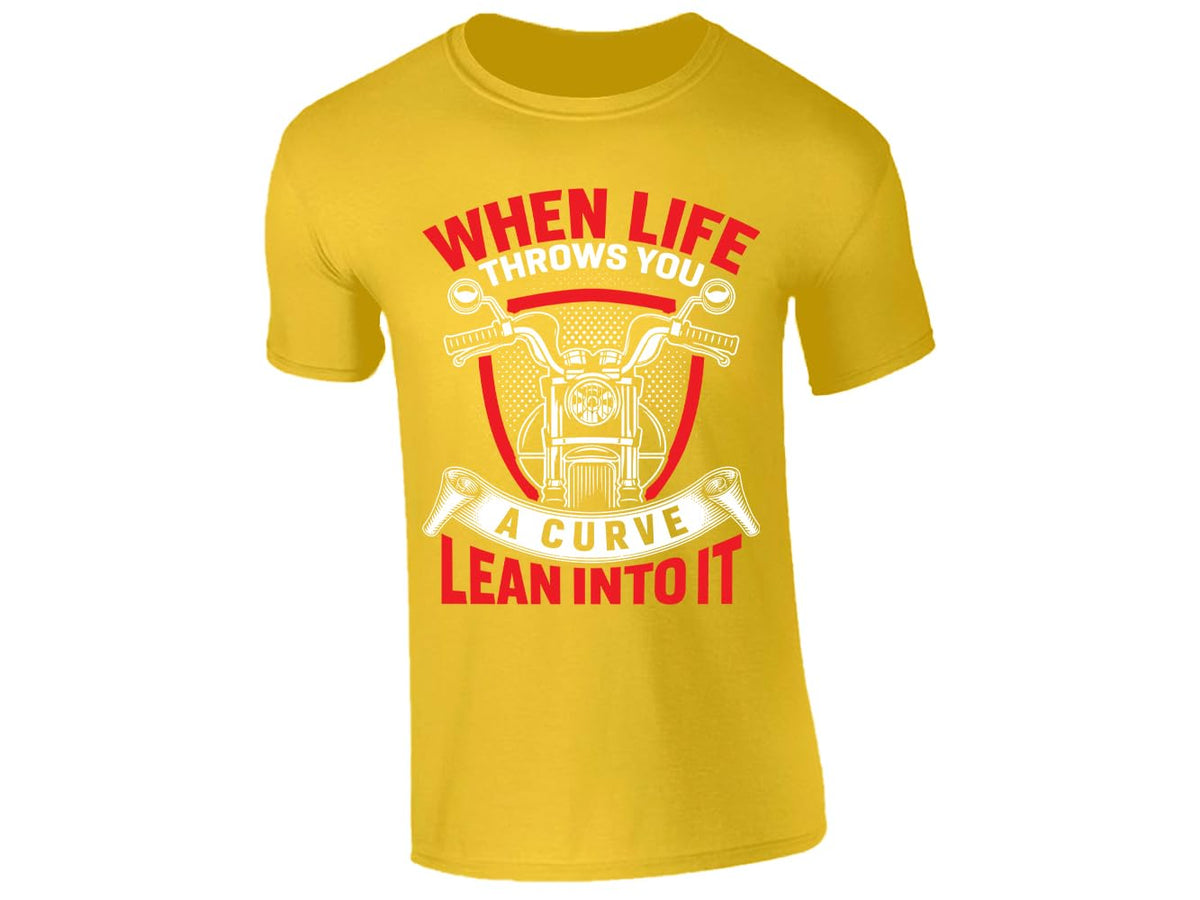 Yellow men's T-shirt with “When life throws you a curve, lean into it” motorcycle design