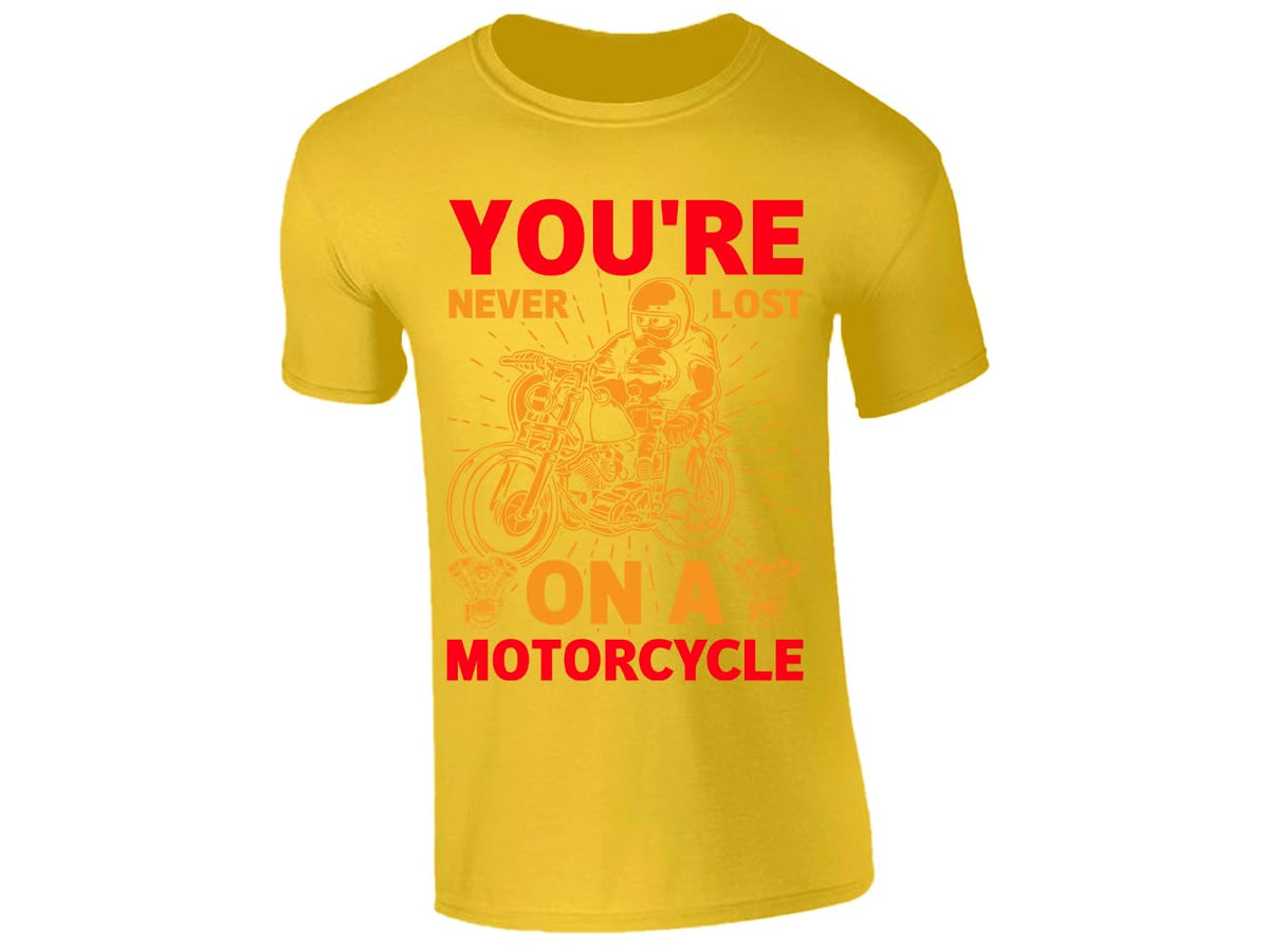 Yellow men's T-shirt with “You’re never lost on a motorcycle” rider design