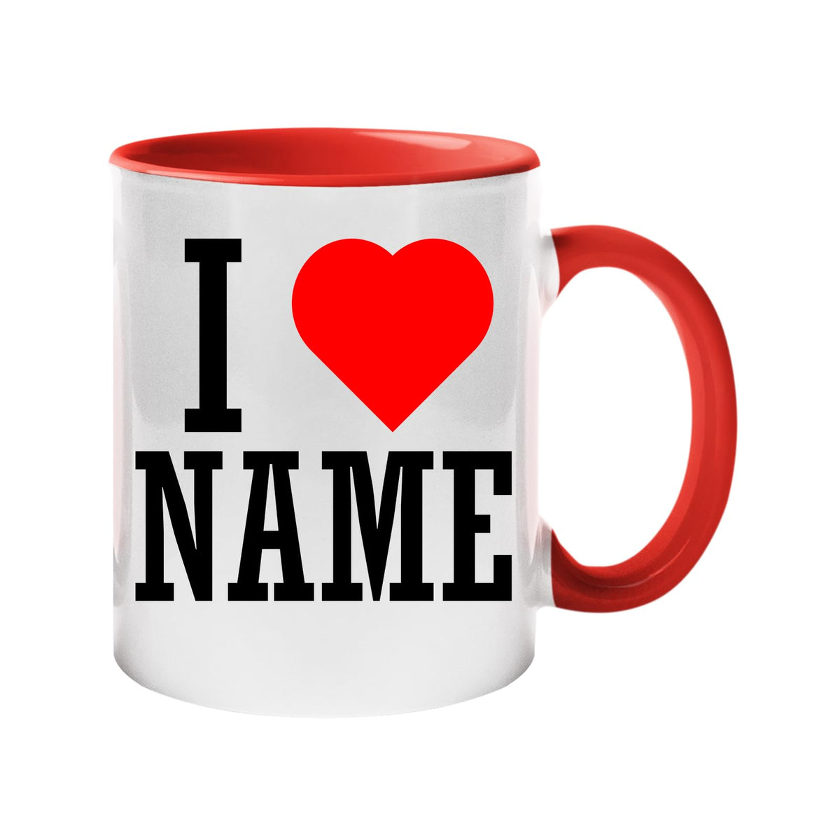 I love name mug with a red handle and inside
