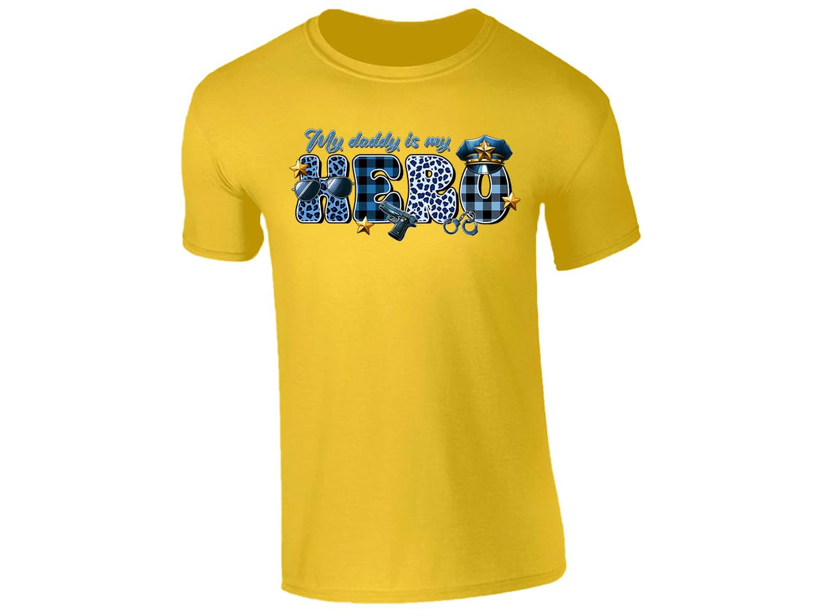 Yellow men's T-shirt with “My daddy is my hero” police design