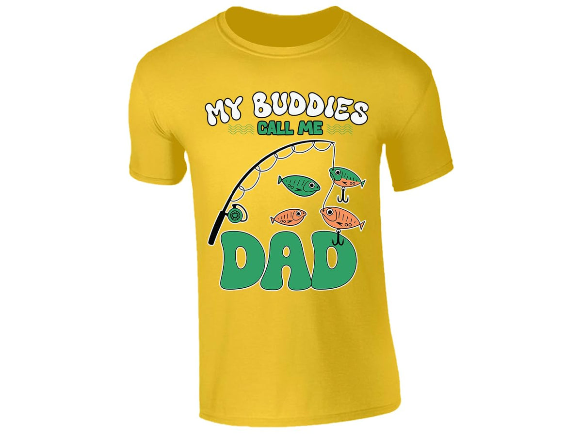 Yellow men's T-shirt with “My buddies call me Dad” fishing rod design
