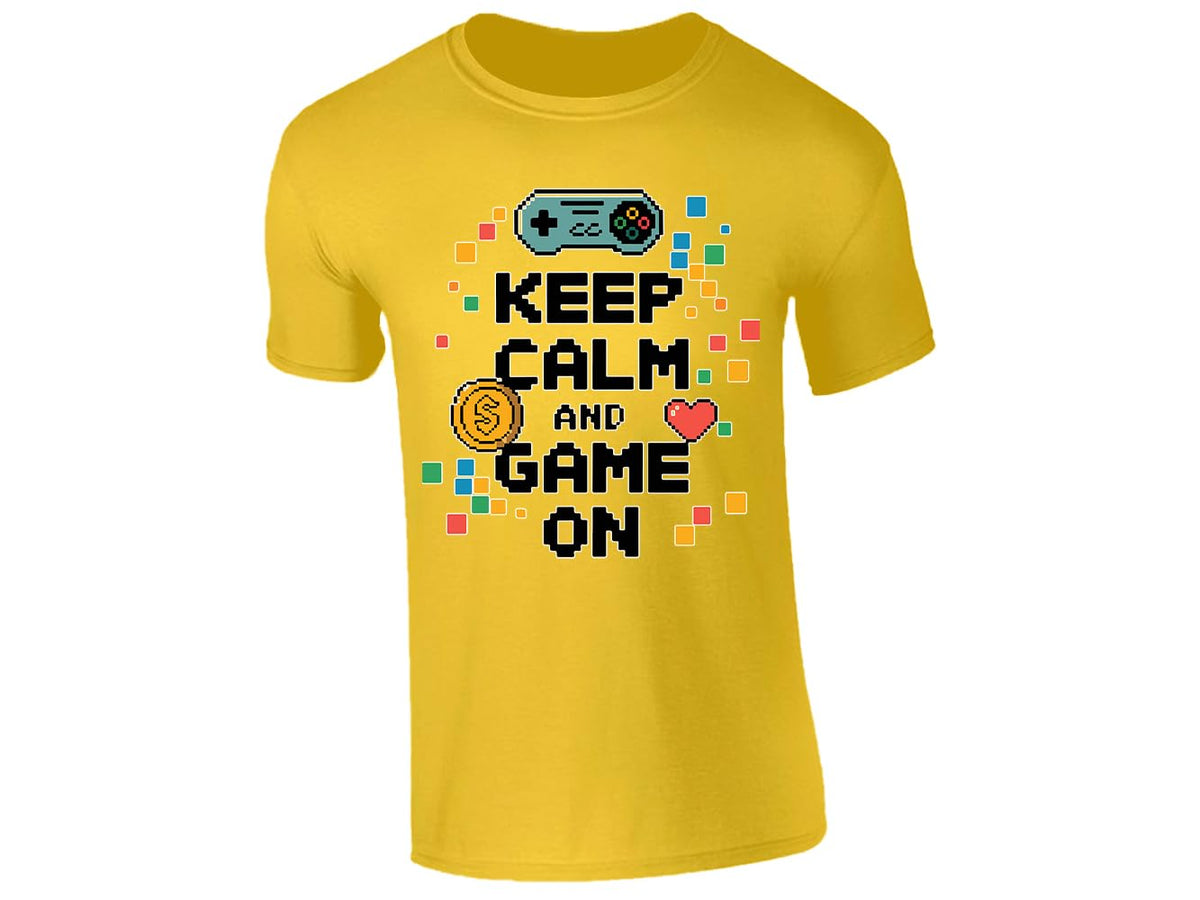 Yellow men's T-shirt with “Keep calm and game on” pixel controller design