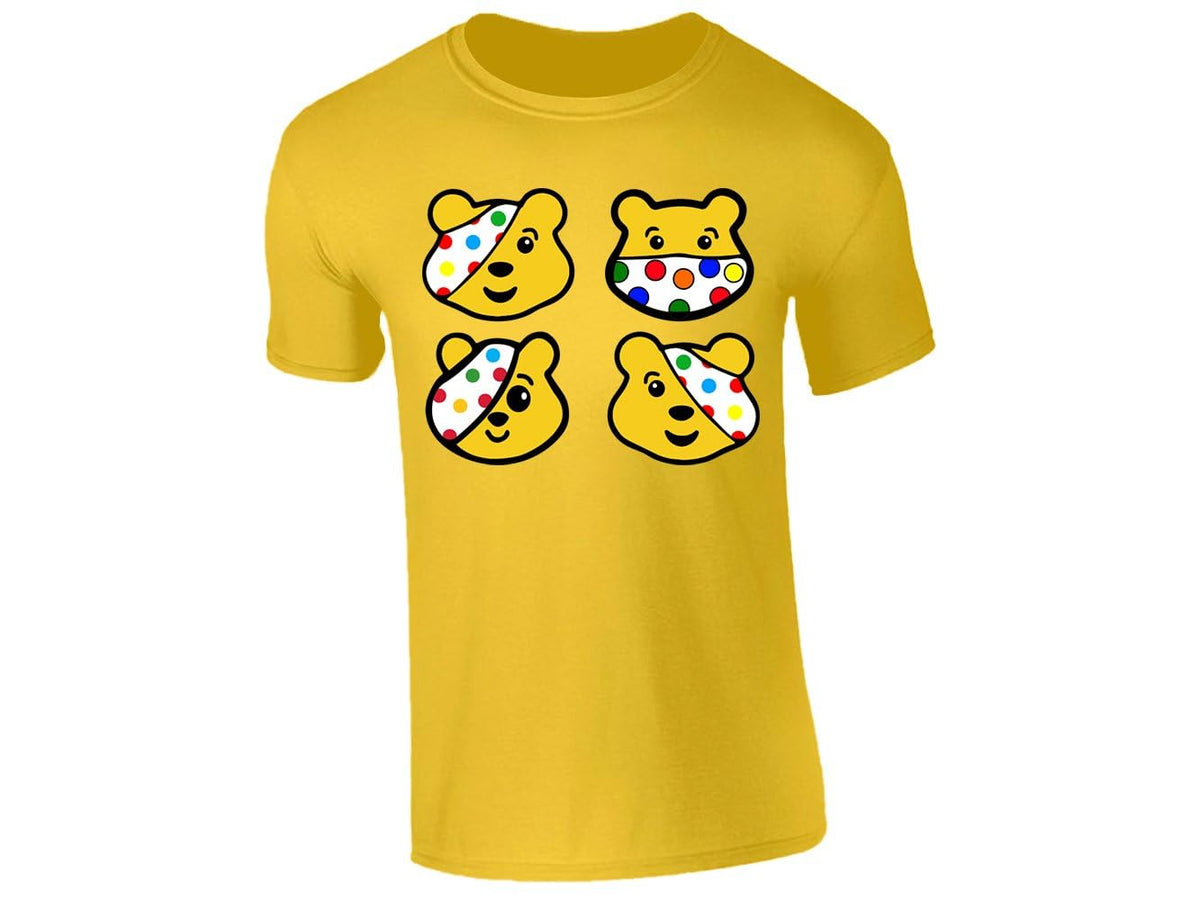 Yellow kids' T-shirt with four spotty bear faces design