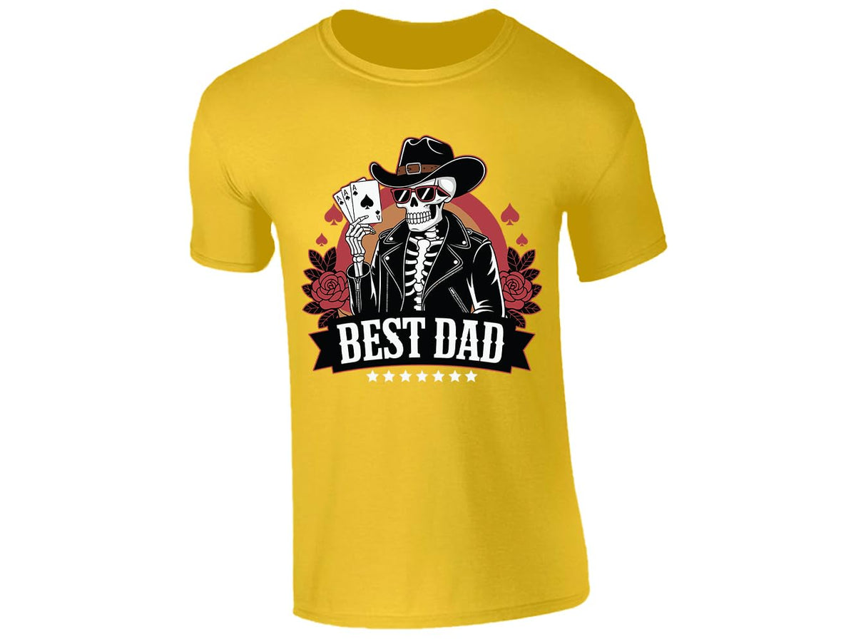 Yellow men's T-shirt with skeleton cowboy “Best Dad” poker design