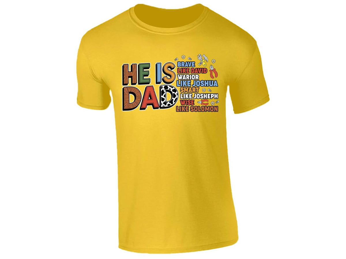Yellow men's T-shirt with “He is Dad – brave like David” faith design