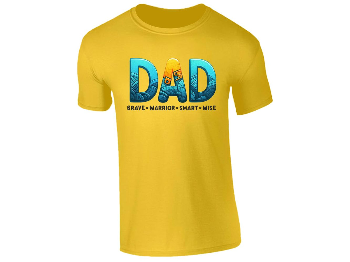 Yellow men's T-shirt with “DAD – brave, warrior, smart, wise” design
