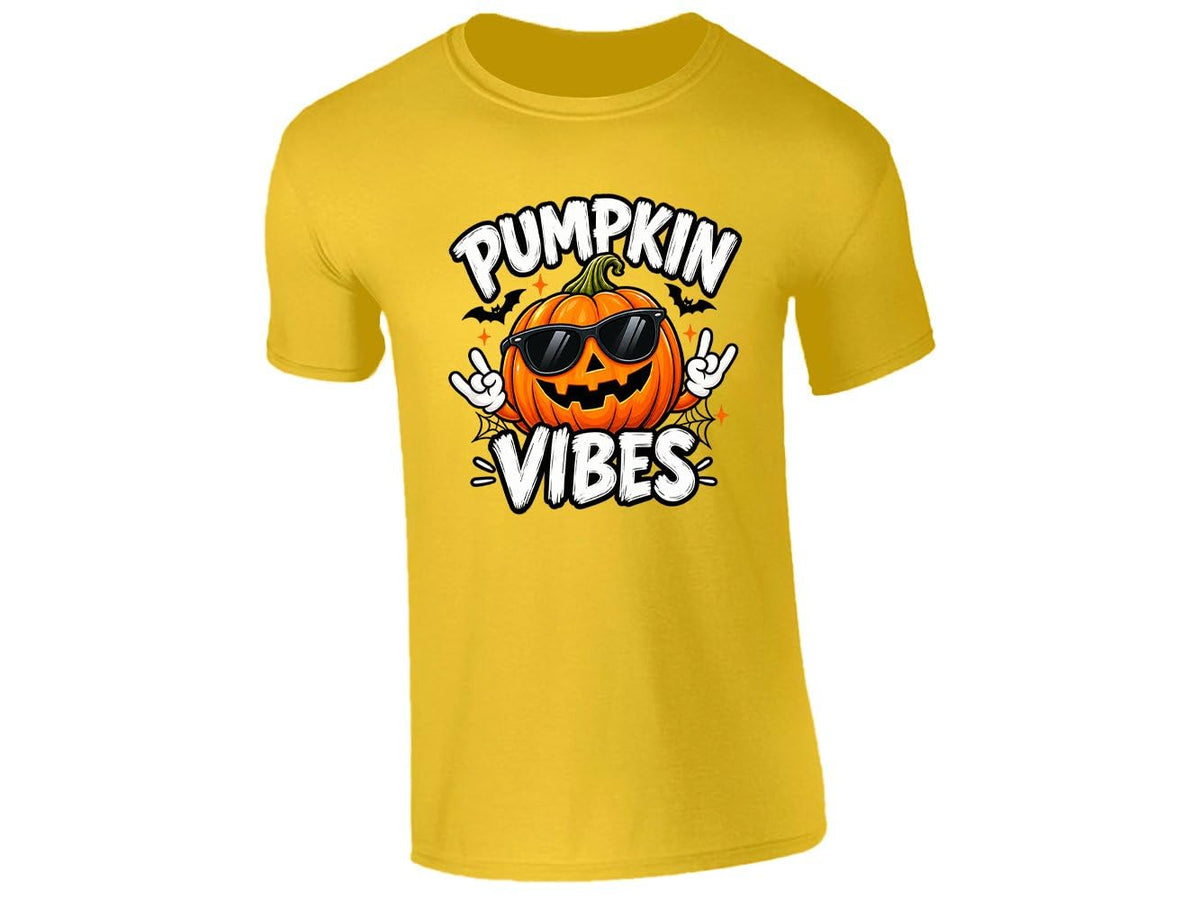 Yellow kids T-shirt with a Pumpkin Vibes jack-o'-lantern in sunglasses