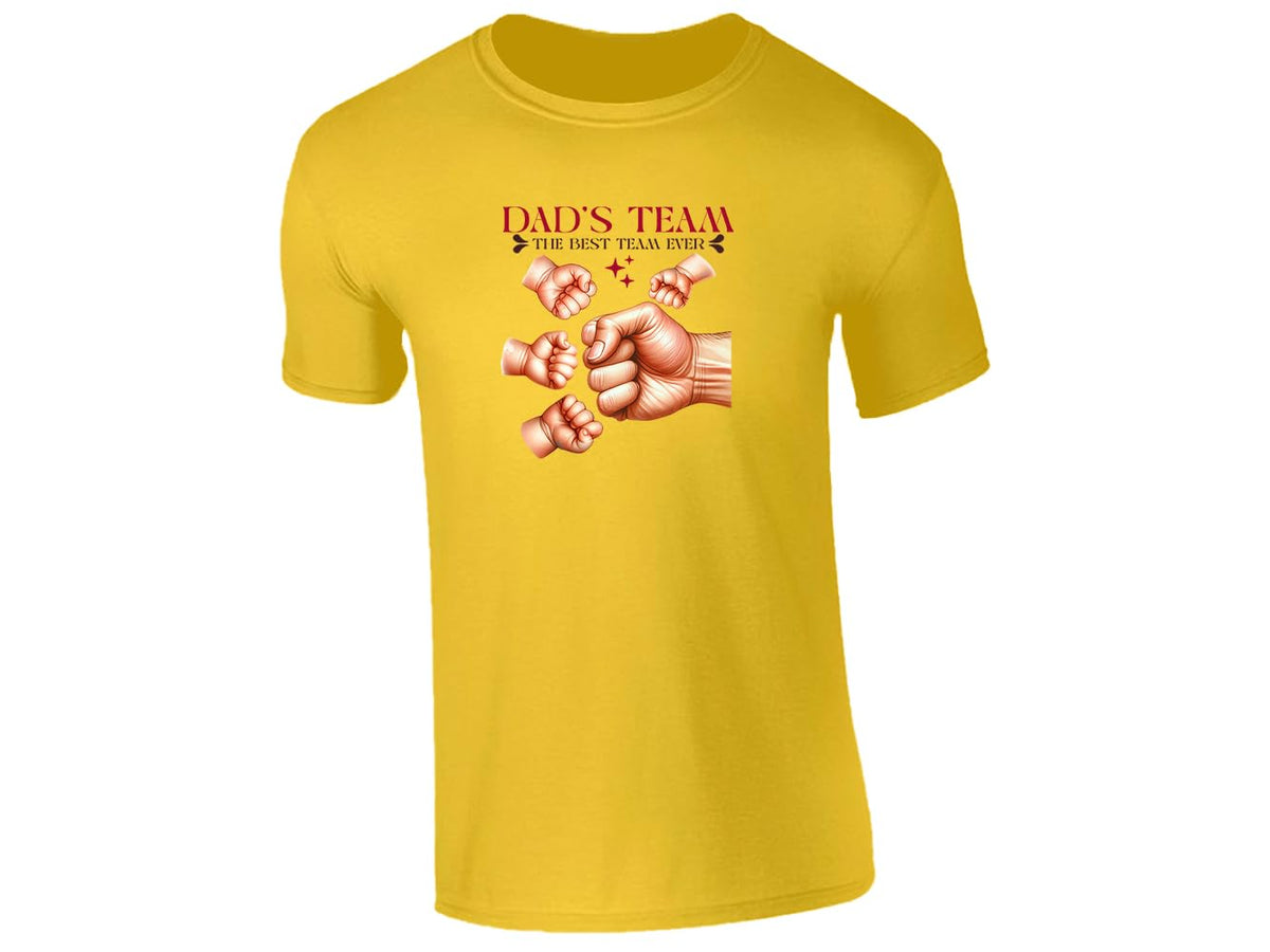 Yellow men's T-shirt with “Dad’s Team” fist bump design