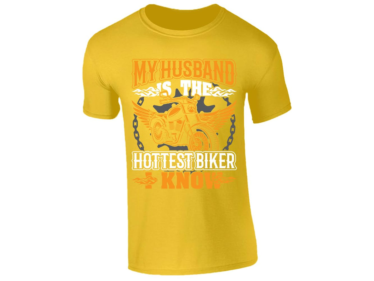 Yellow men's T-shirt with “My husband is the hottest biker I know” winged motorcycle design