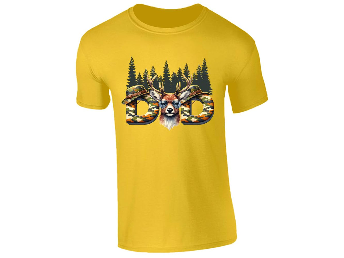 Yellow men's T-shirt with “DAD” deer head camo design