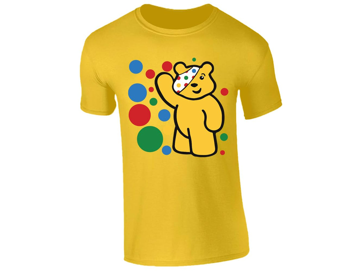 Yellow kids' T-shirt with waving spotty bear with coloured dots design