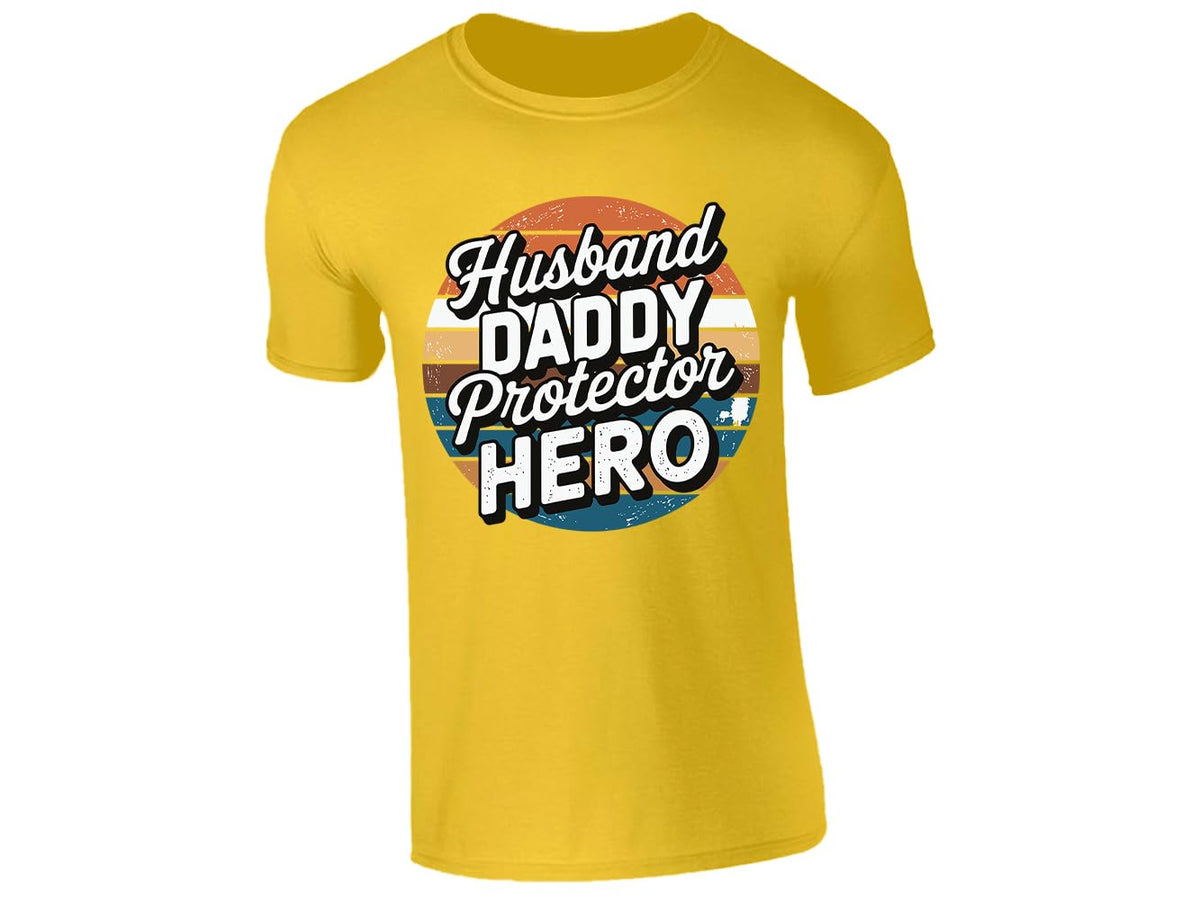 Yellow men's T-shirt with “Husband, Daddy, Protector, Hero” retro sunset design