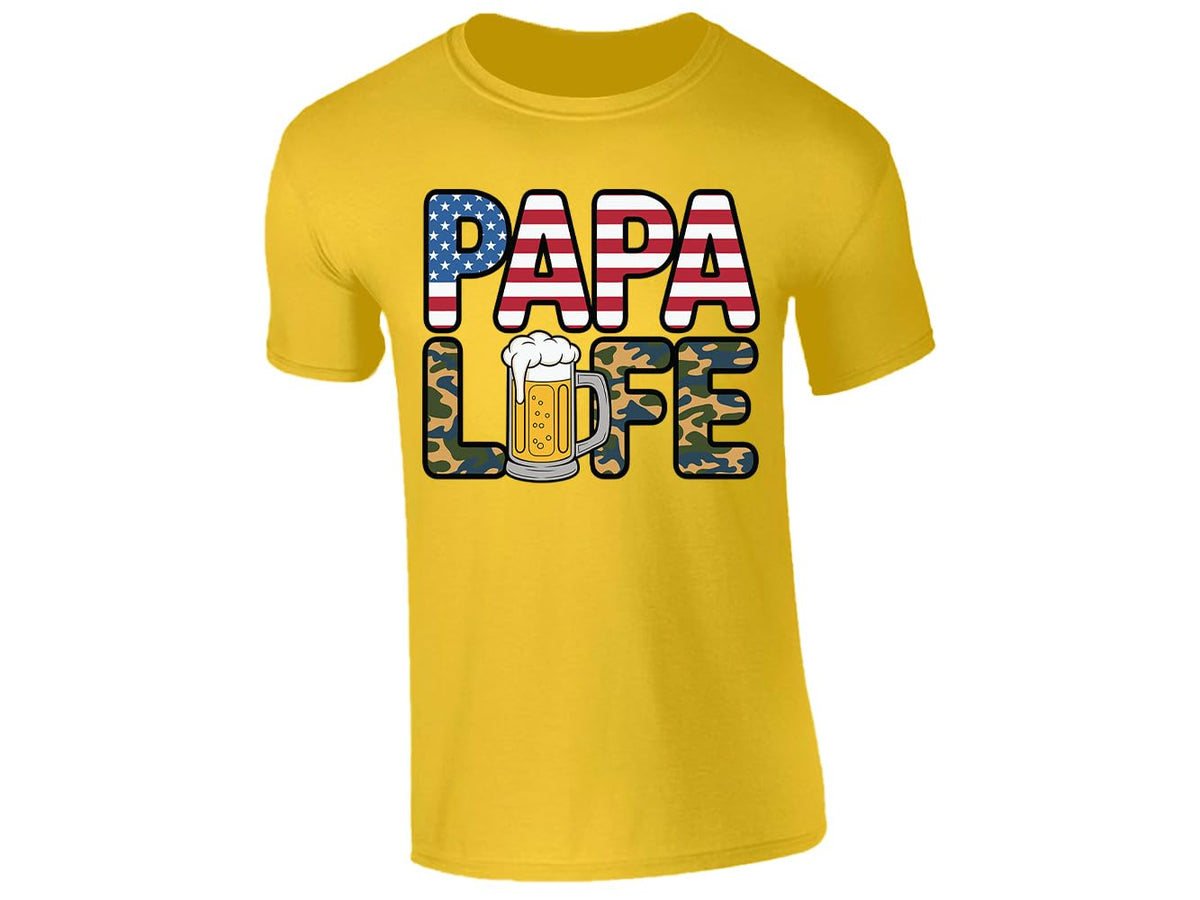 Yellow men's T-shirt with “Papa Life” flag, camo and beer design