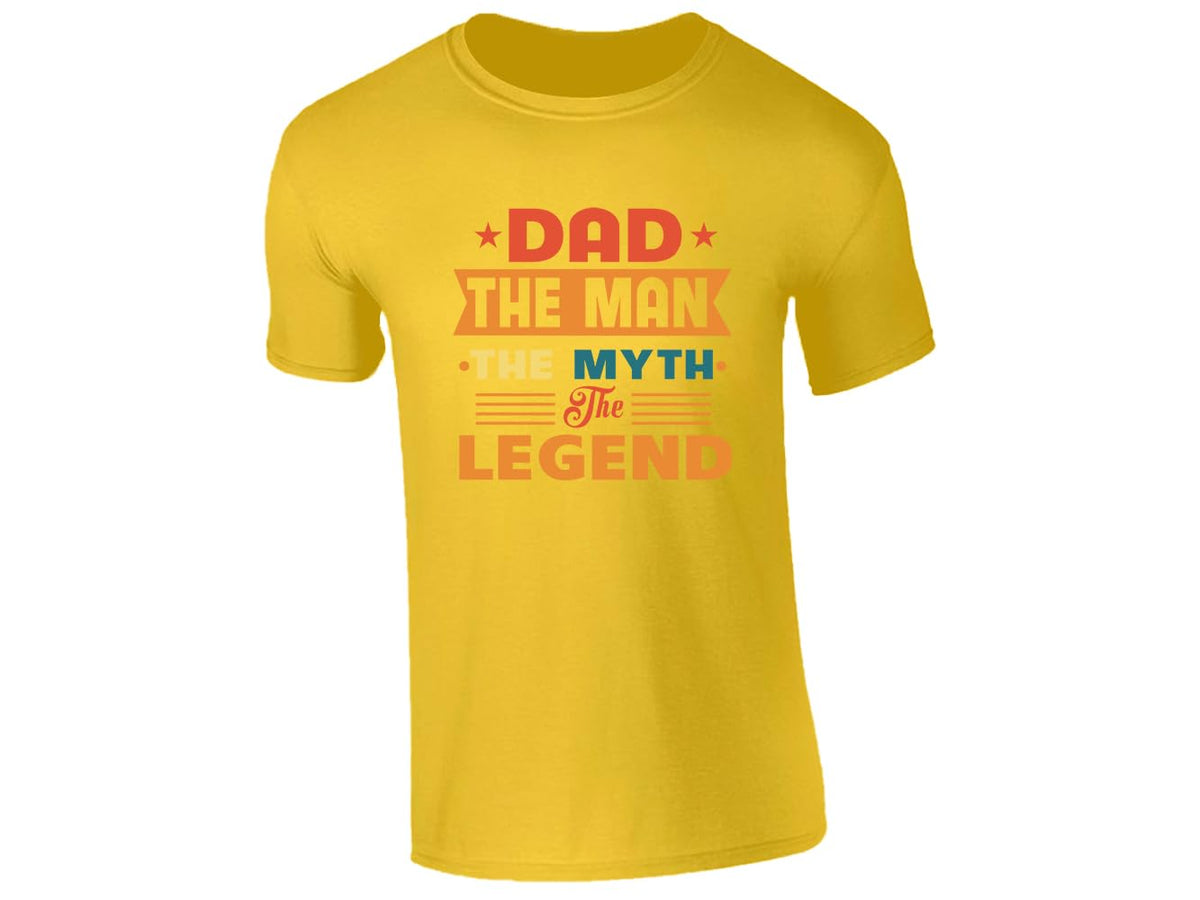 Yellow men's T-shirt with “Dad – the man, the myth, the legend” retro design