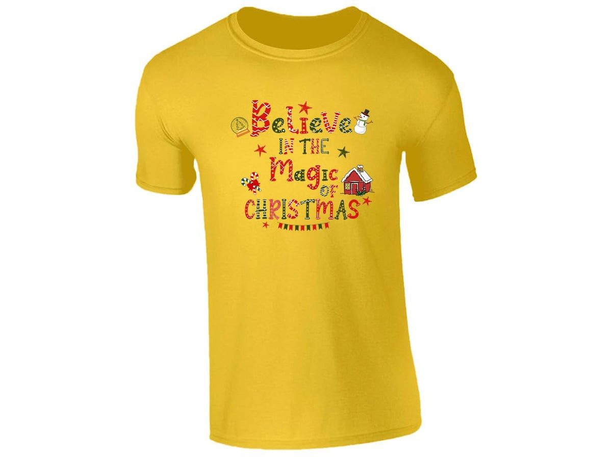 Yellow kids T-shirt with the Believe in the Magic of Christmas snowman design