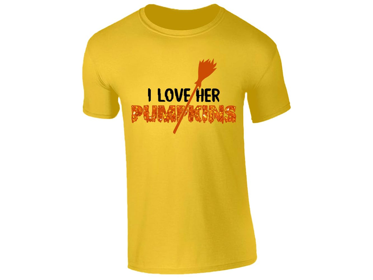 Yellow men's T-shirt with “I love her pumpkins” broomstick design