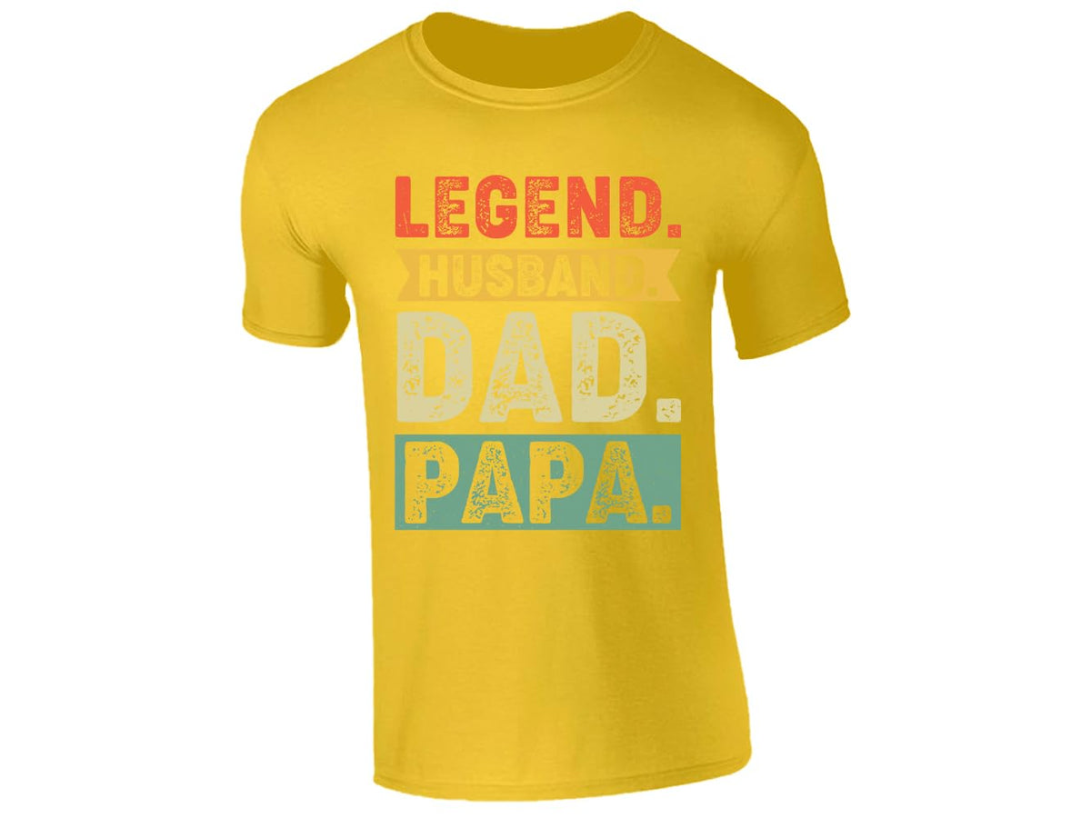 Yellow men's T-shirt with “Legend. Husband. Dad. Papa.” design