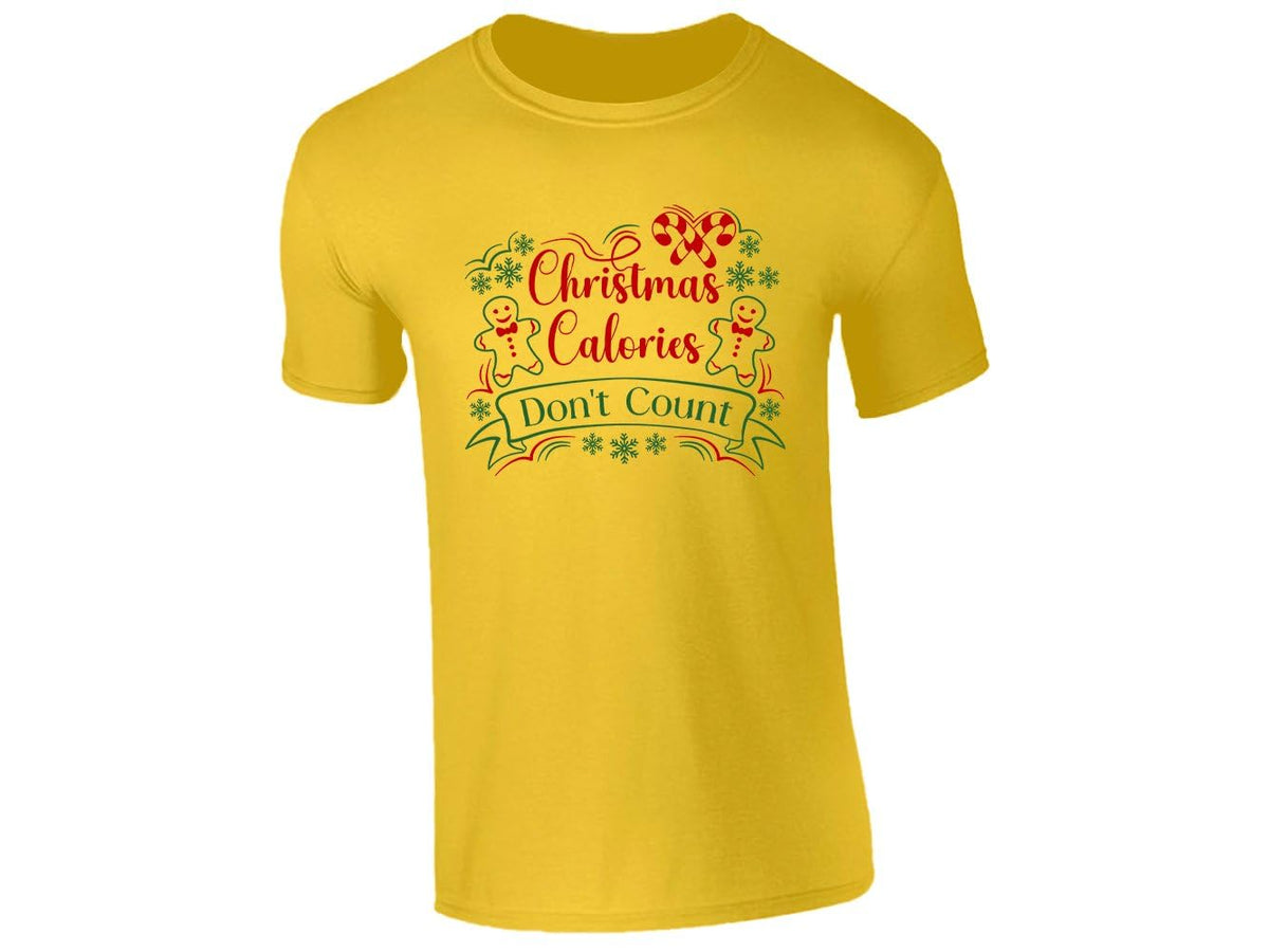 Yellow men's T-shirt with Christmas Calories Don't Count, gingerbread men and candy canes