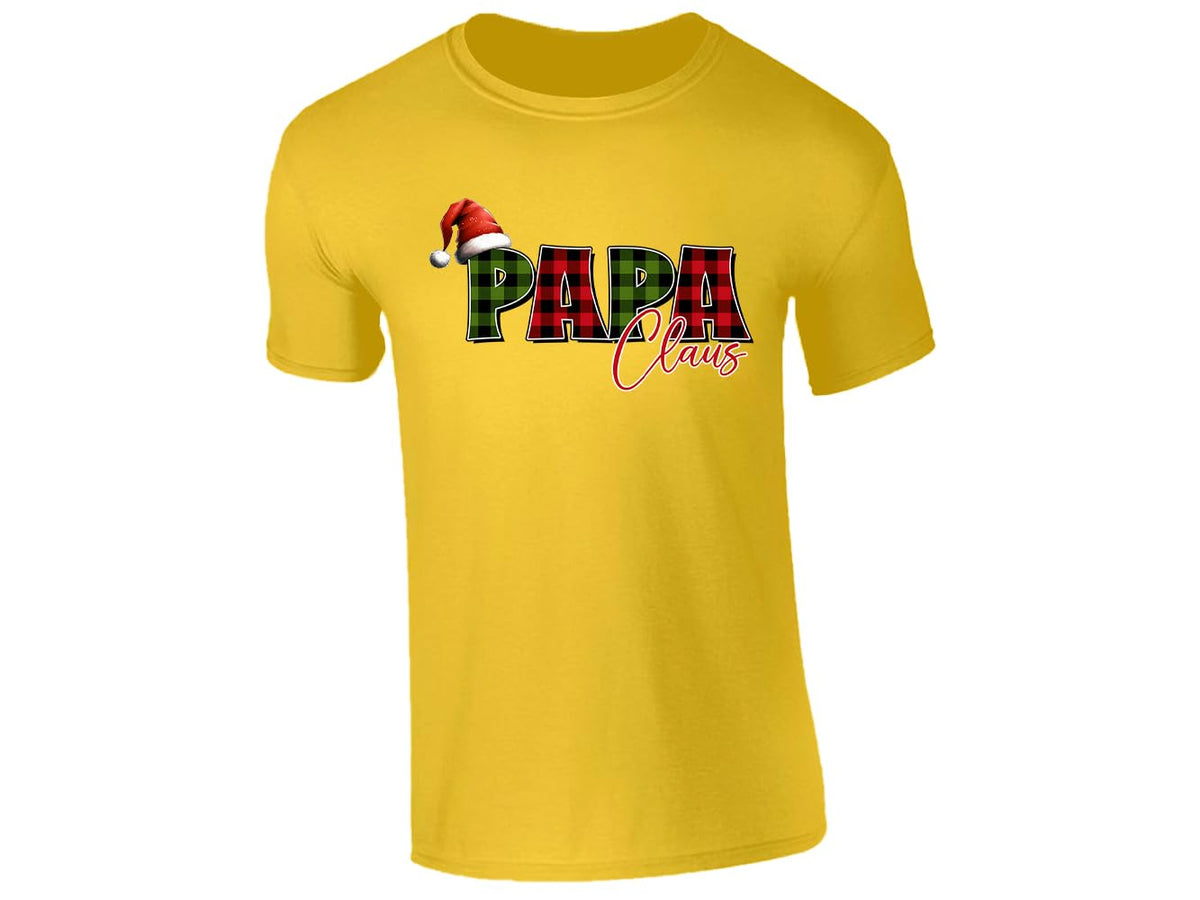 Yellow men's T-shirt with “Papa Claus” plaid Santa hat design