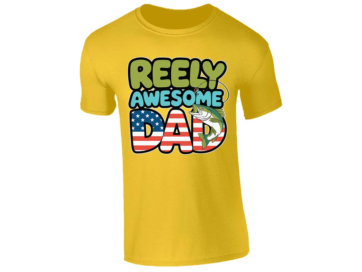Yellow men's T-shirt with “Reely Awesome Dad” stars and stripes fish design