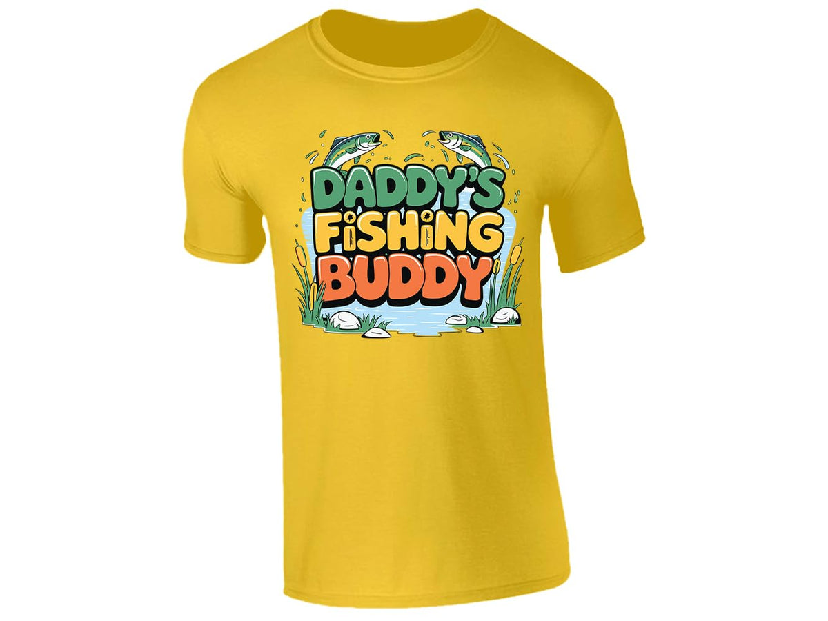 Yellow men's T-shirt with “Daddy’s fishing buddy” pond and fish design