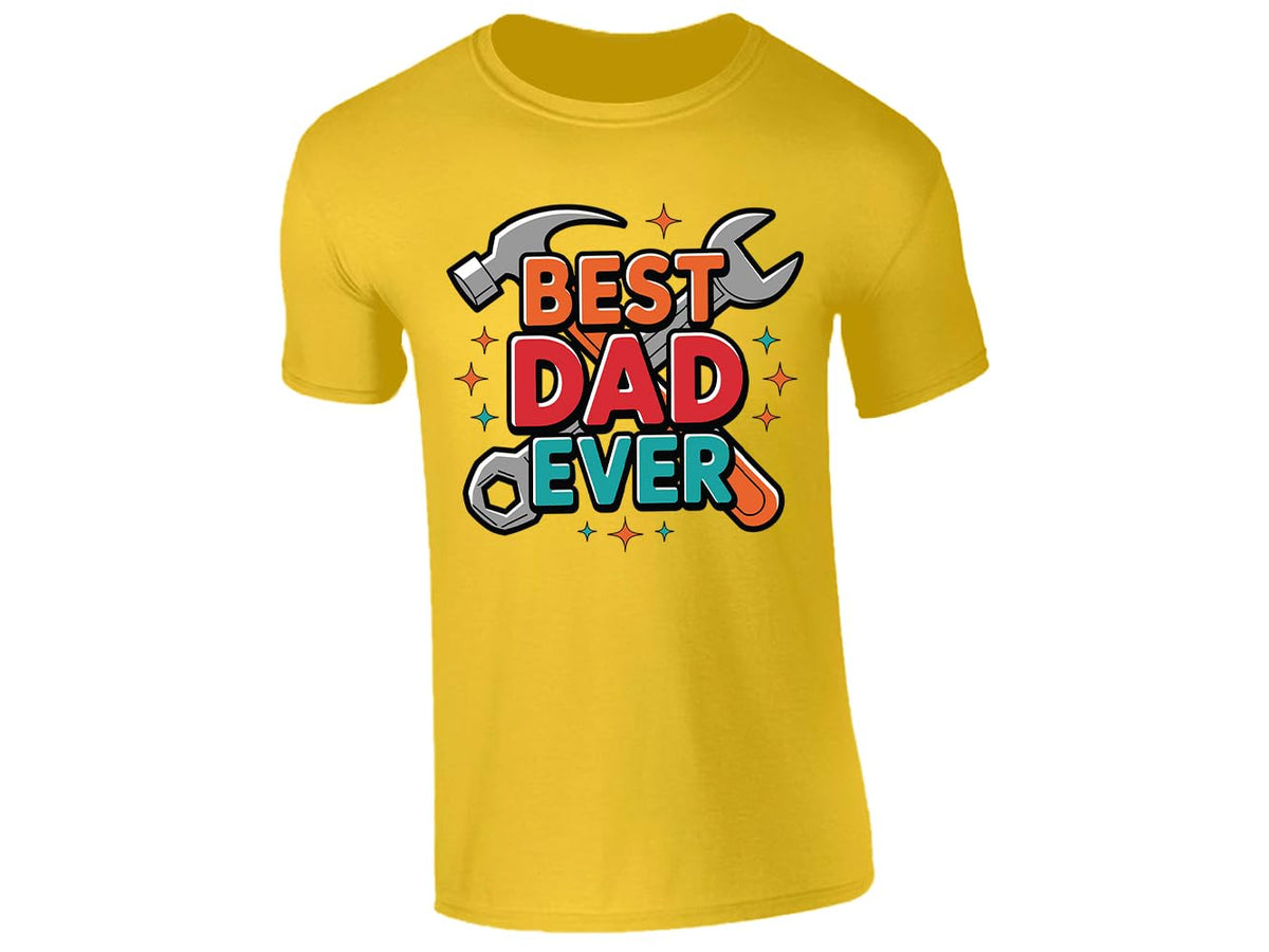 Yellow men's T-shirt with “Best Dad Ever” hammer and spanner design