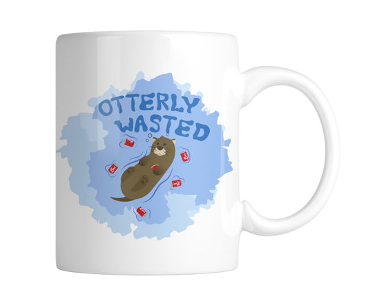 White mug with a dozy otter on a blue watercolour splash and “Otterly Wasted”, handle on the right
