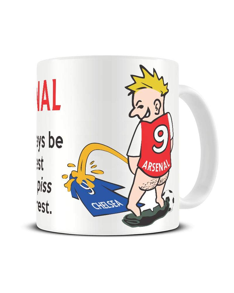 Wee On The Rival's Shirt mug – cartoon fan in a red No. 9 shirt weeing on a blue rival shirt
