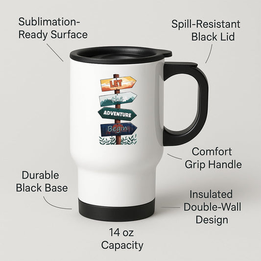 Travel mug with labels for spill-resistant lid, insulated double wall and 14oz capacity