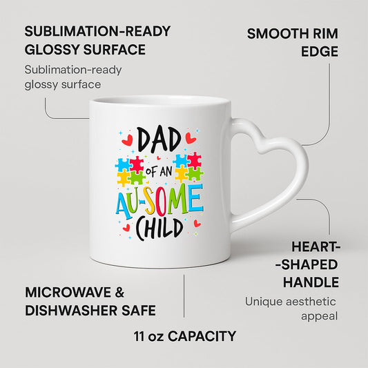 Heart-handle mug with labels for 11oz capacity, glossy surface and heart-shaped handle