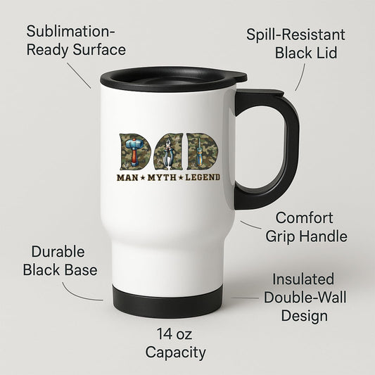 Travel mug with labels for spill-resistant lid, insulated double wall and 14oz capacity