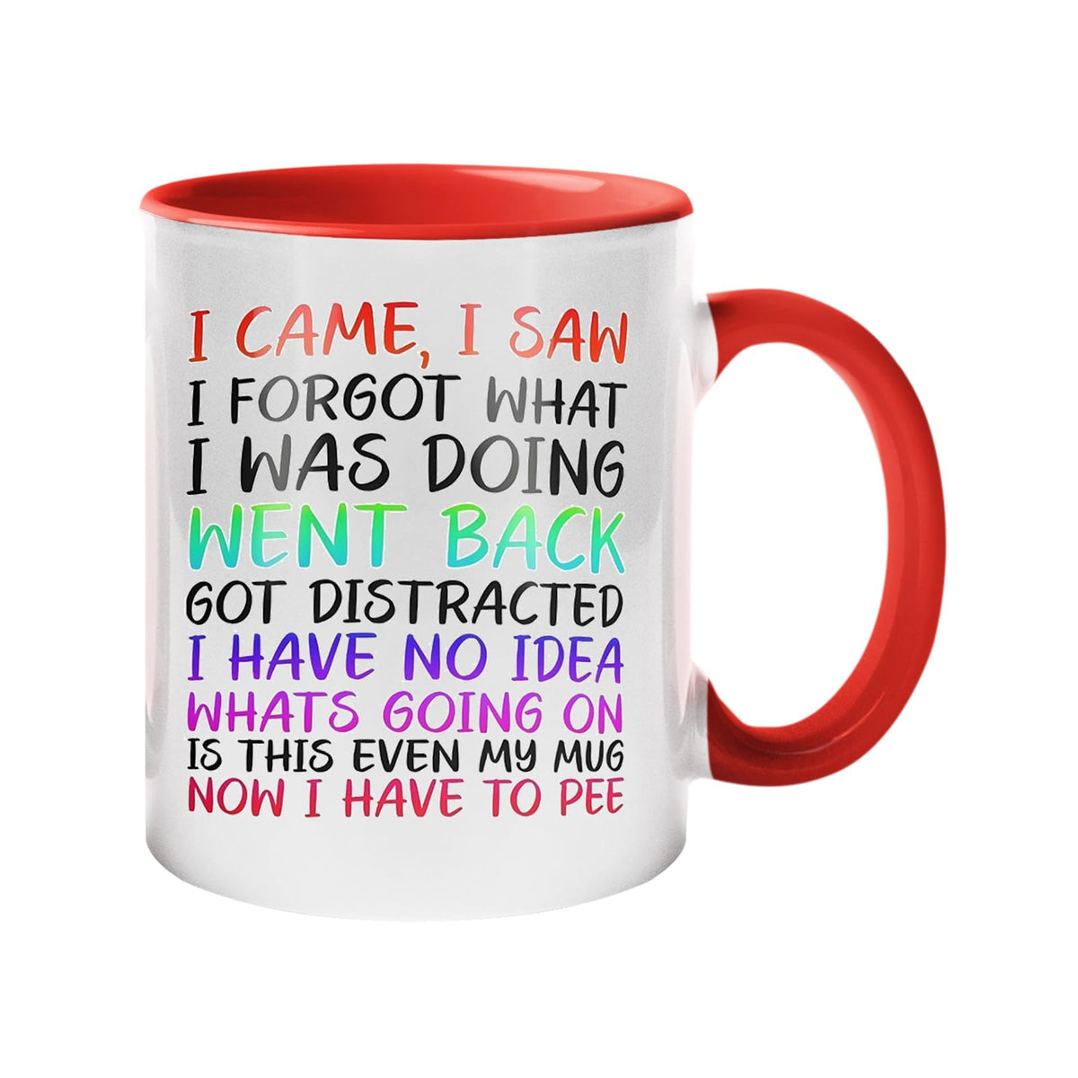 Colour handle mug with “I came, I saw, I forgot what I was doing… is this even my mug, now I have to pee” in colourful lettering – red handle and inside