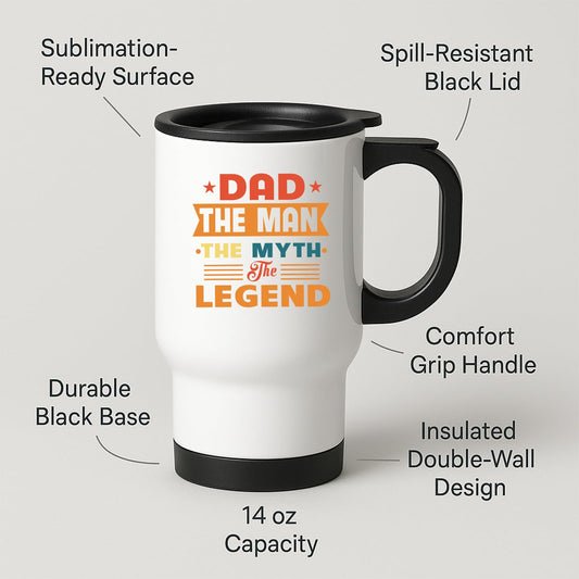 Travel mug with labels for spill-resistant lid, insulated double wall and 14oz capacity