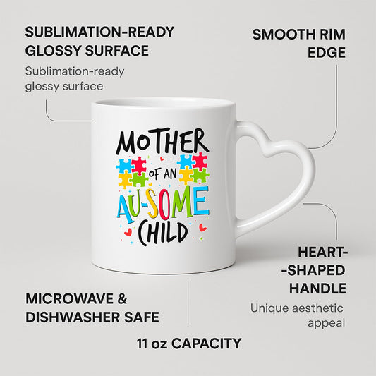 Heart-handle mug with labels for 11oz capacity, glossy surface and heart-shaped handle