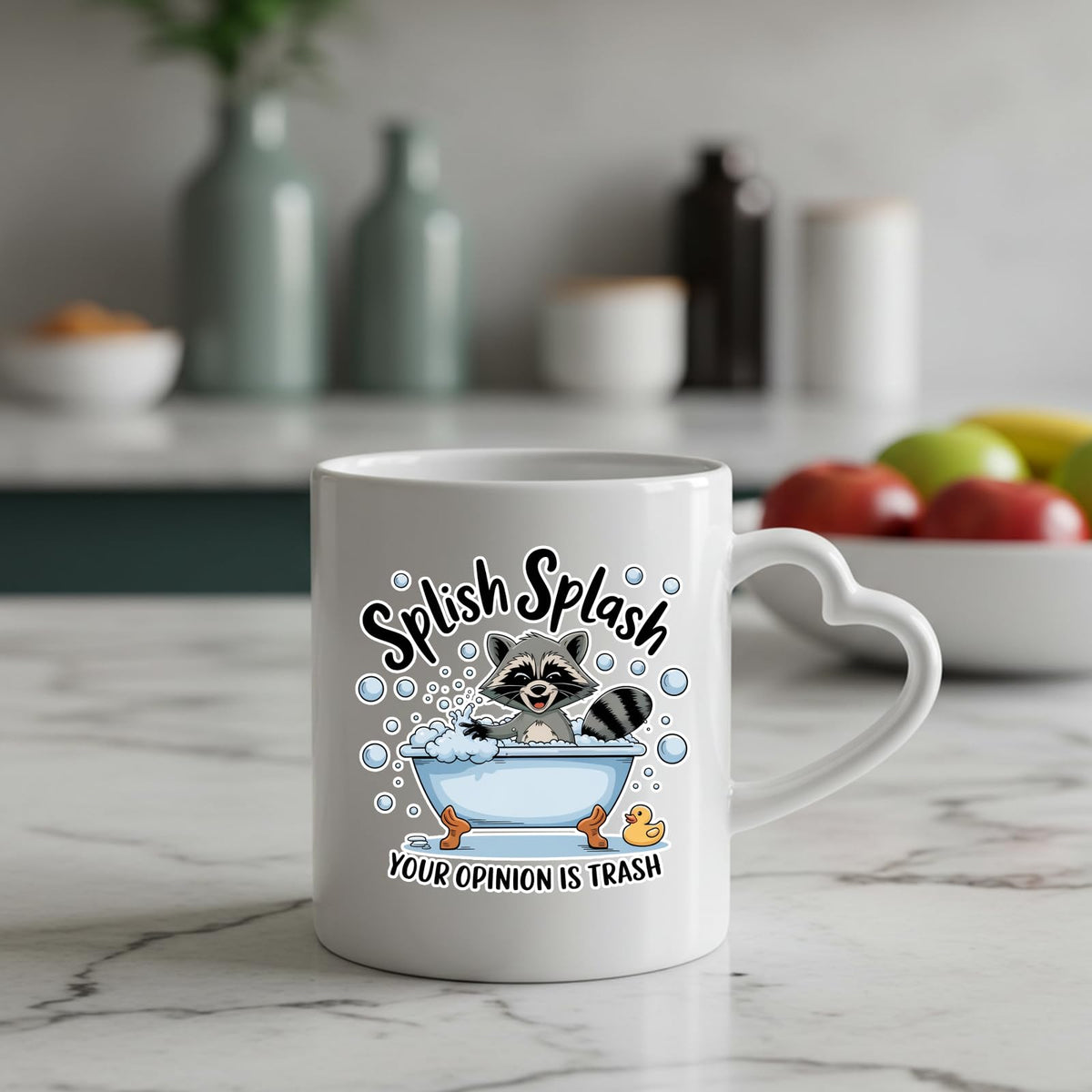 Splish Splash raccoon heart-handle mug on a marble counter with fruit