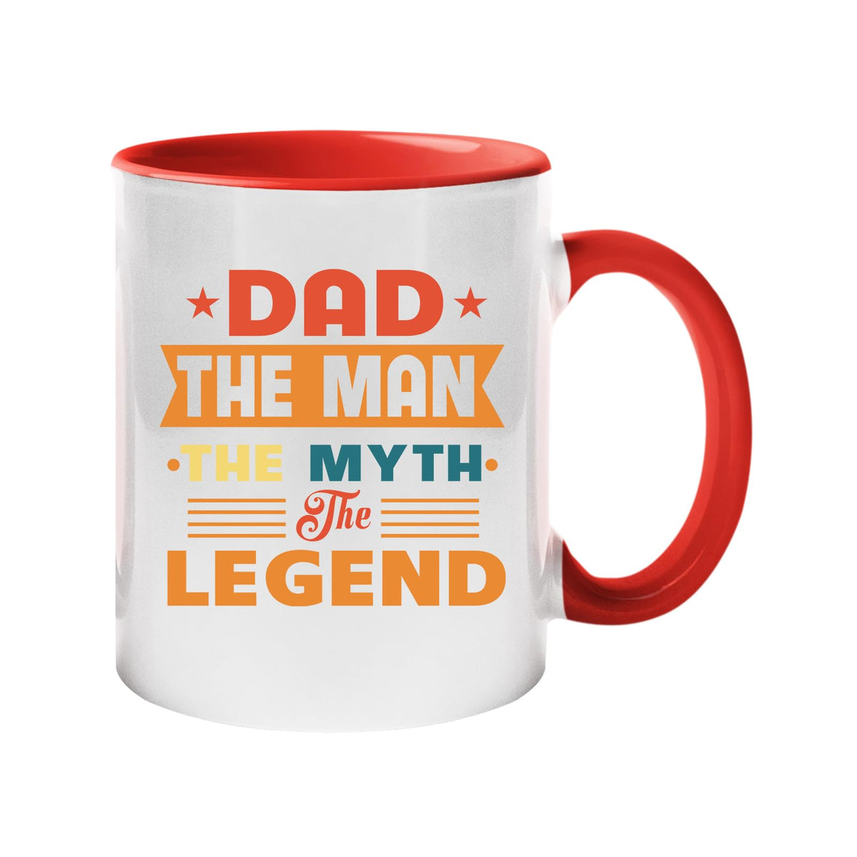 Colour handle mug with “Dad – the man, the myth, the legend” in retro banner lettering – red handle and inside