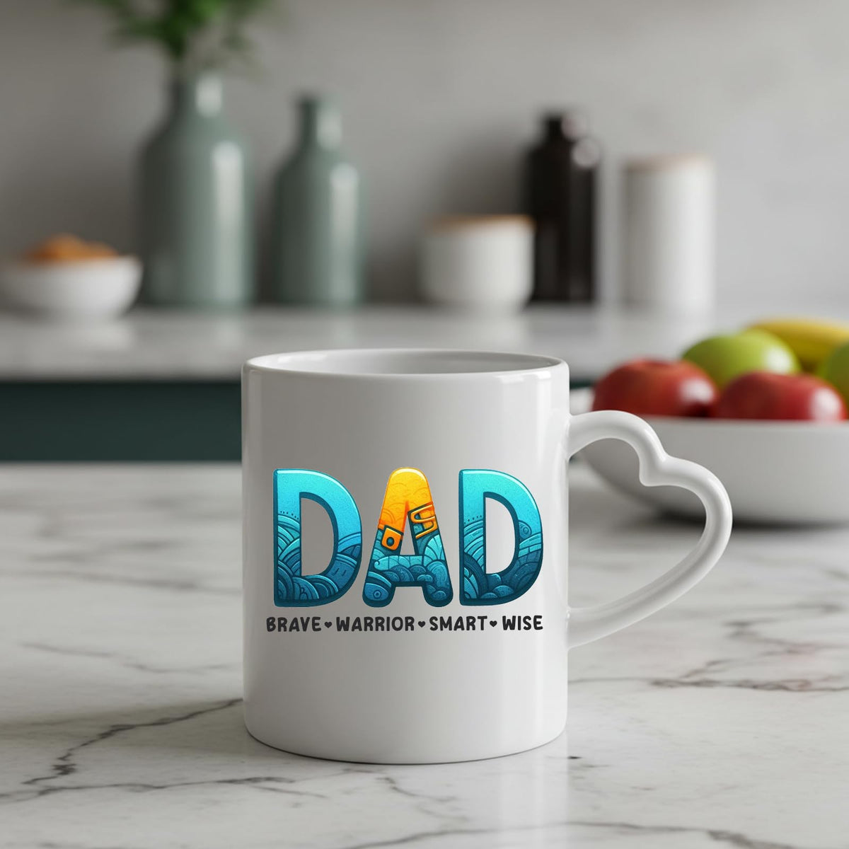 DAD Brave Warrior heart-handle mug on a marble counter with fruit