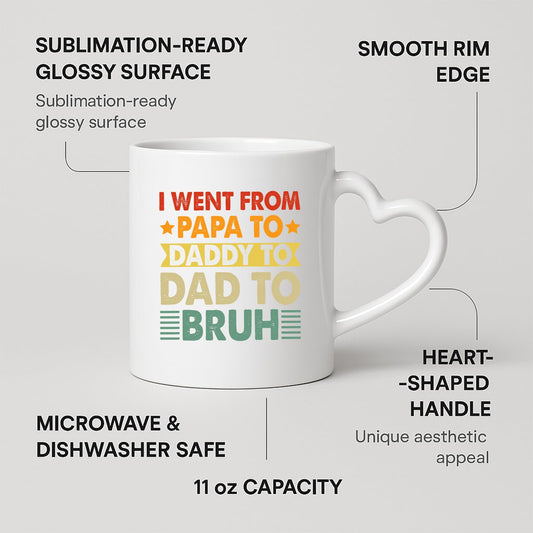Heart-handle mug with labels for 11oz capacity, glossy surface and heart-shaped handle