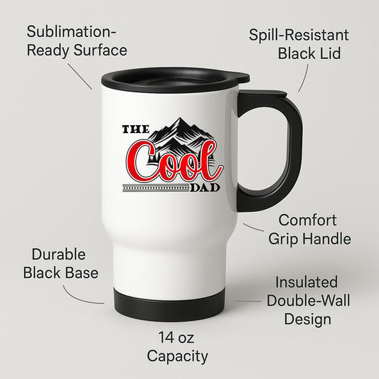 Travel mug with labels for spill-resistant lid, insulated double wall and 14oz capacity